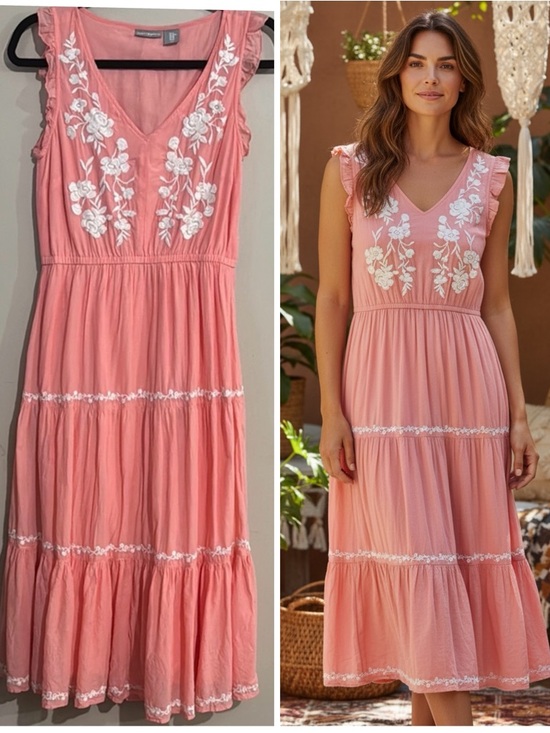 Lucky Brand Dresses & Skirts - Lucky Brand Coral Midi Dress with White embroidered Floral Details Women's SzXS